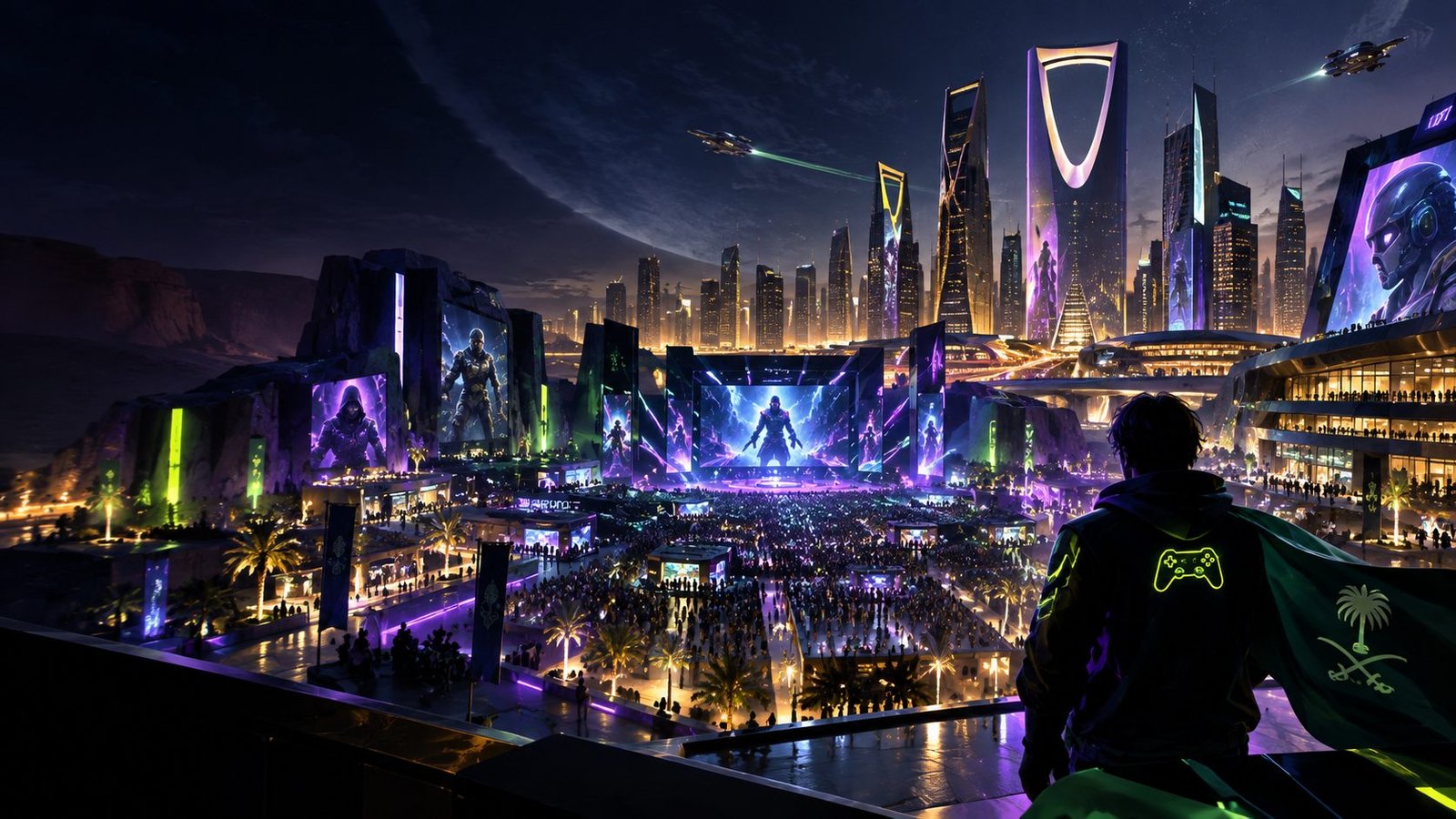 AI-generated illustration of a futuristic gaming festival in Riyadh